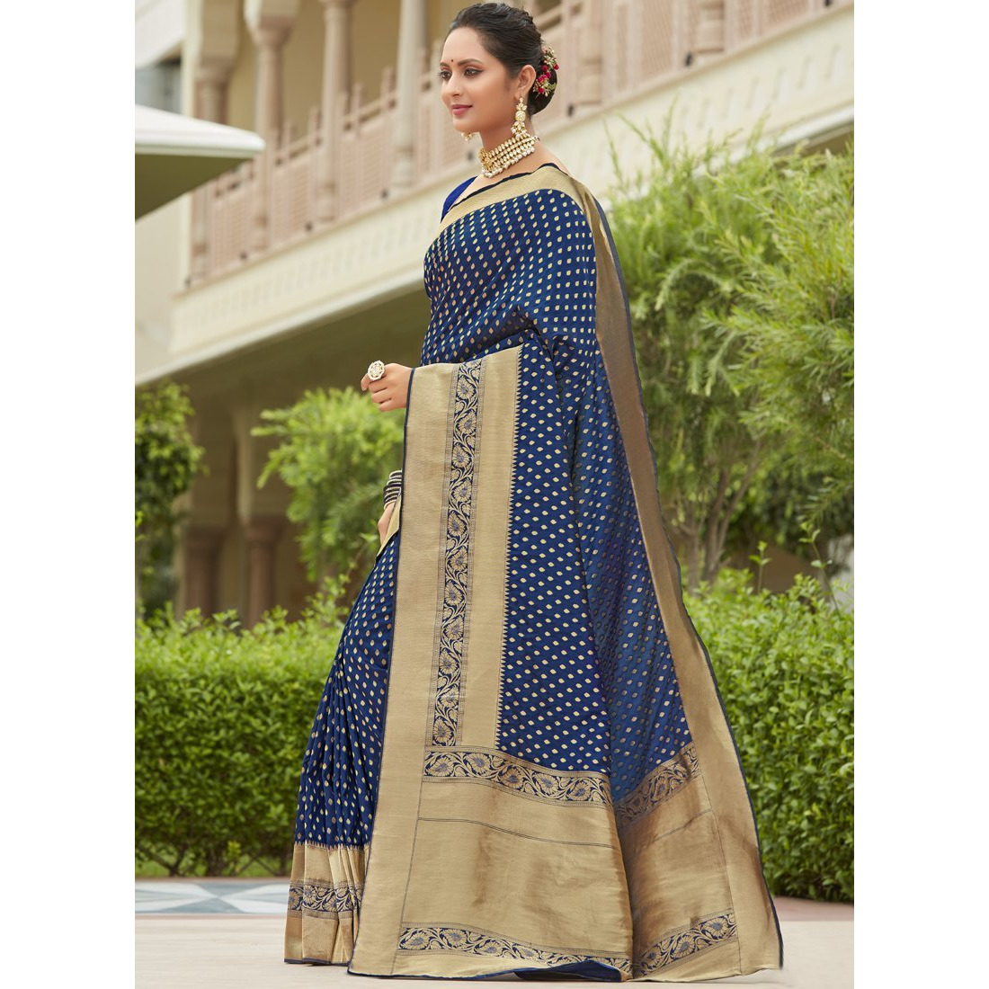 Designer Navy Blue Silk Wedding Wear Saree For Women