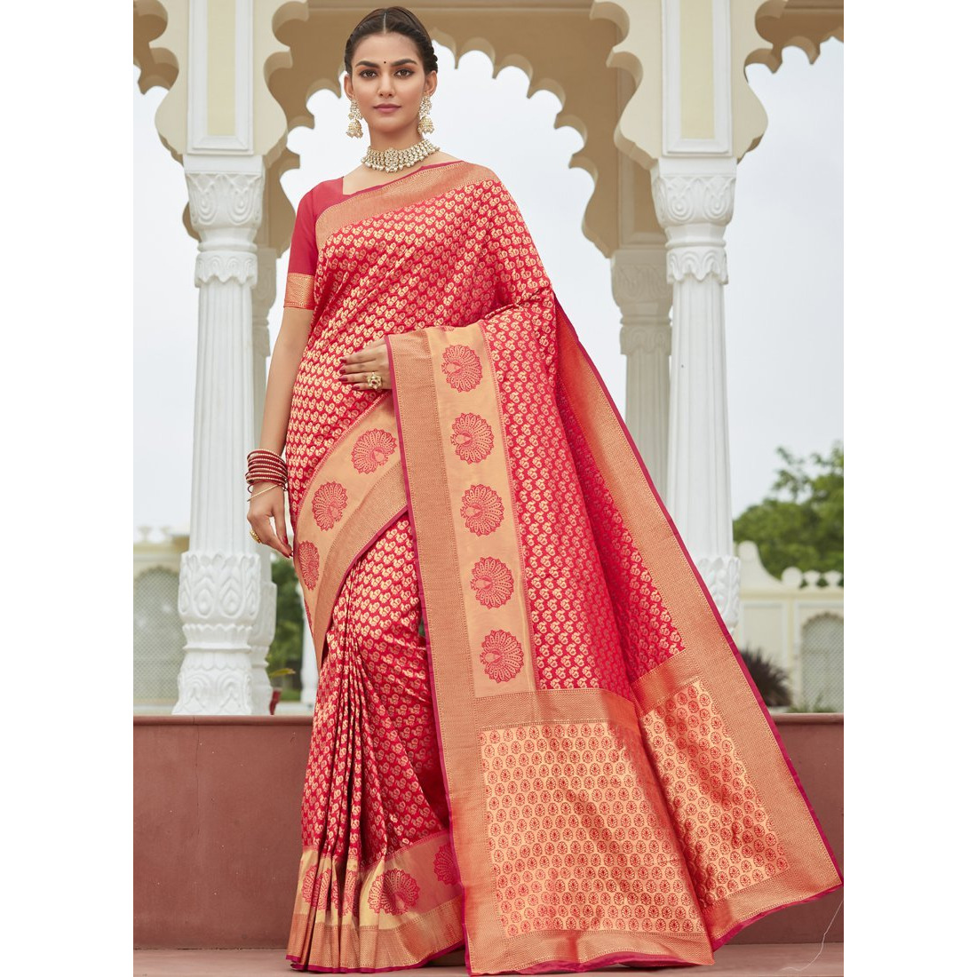 Designer Pink Silk Wedding Wear Saree For Women