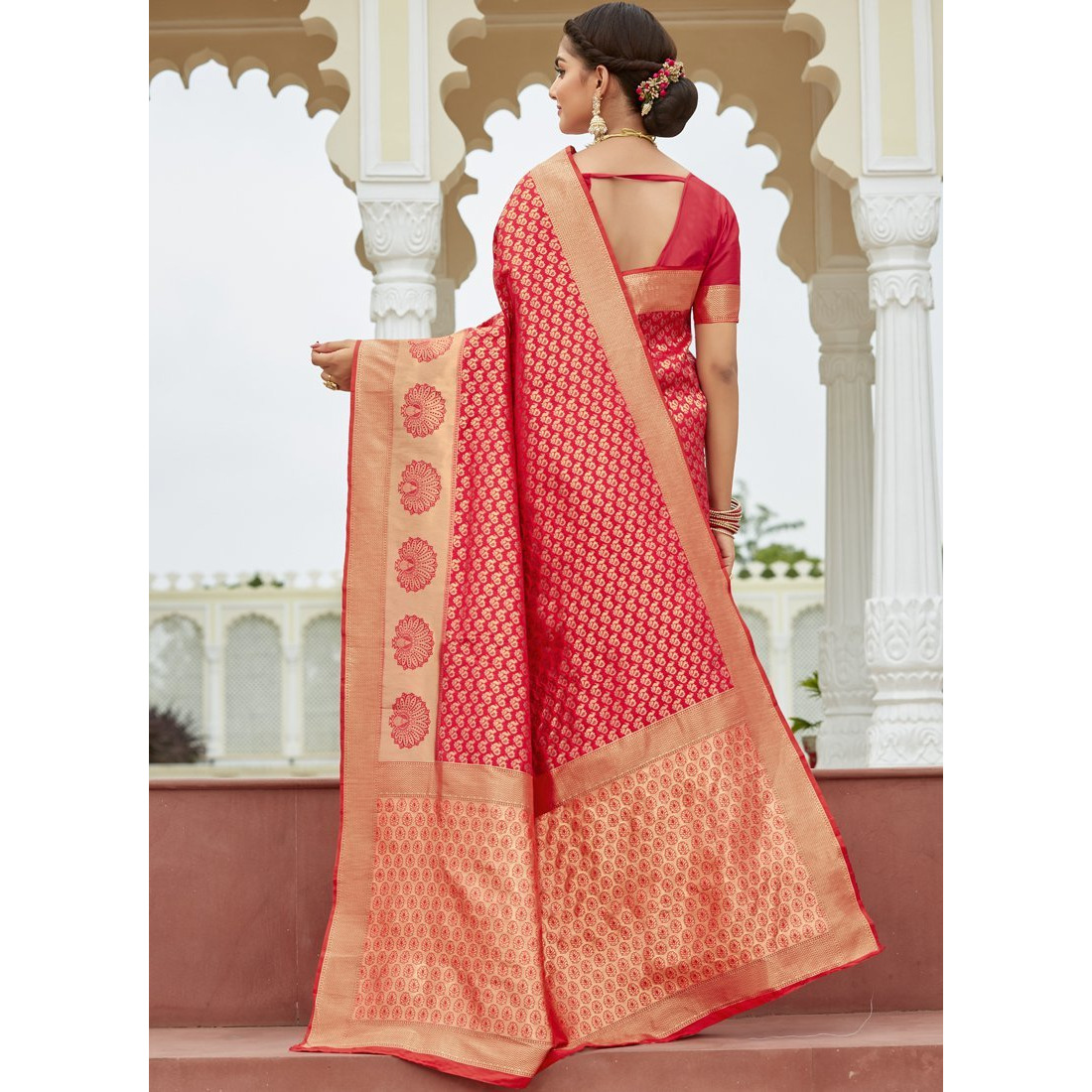 Designer Pink Silk Wedding Wear Saree For Women