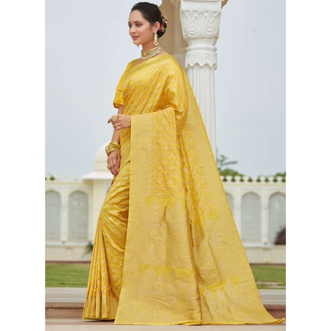 Designer Yellow Silk Wedding Wear Saree For Women