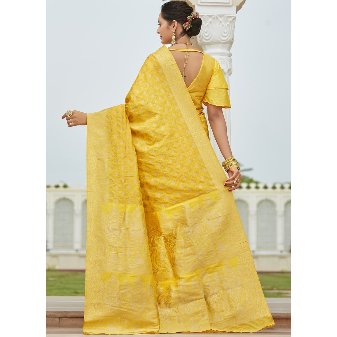 Designer Yellow Silk Wedding Wear Saree For Women