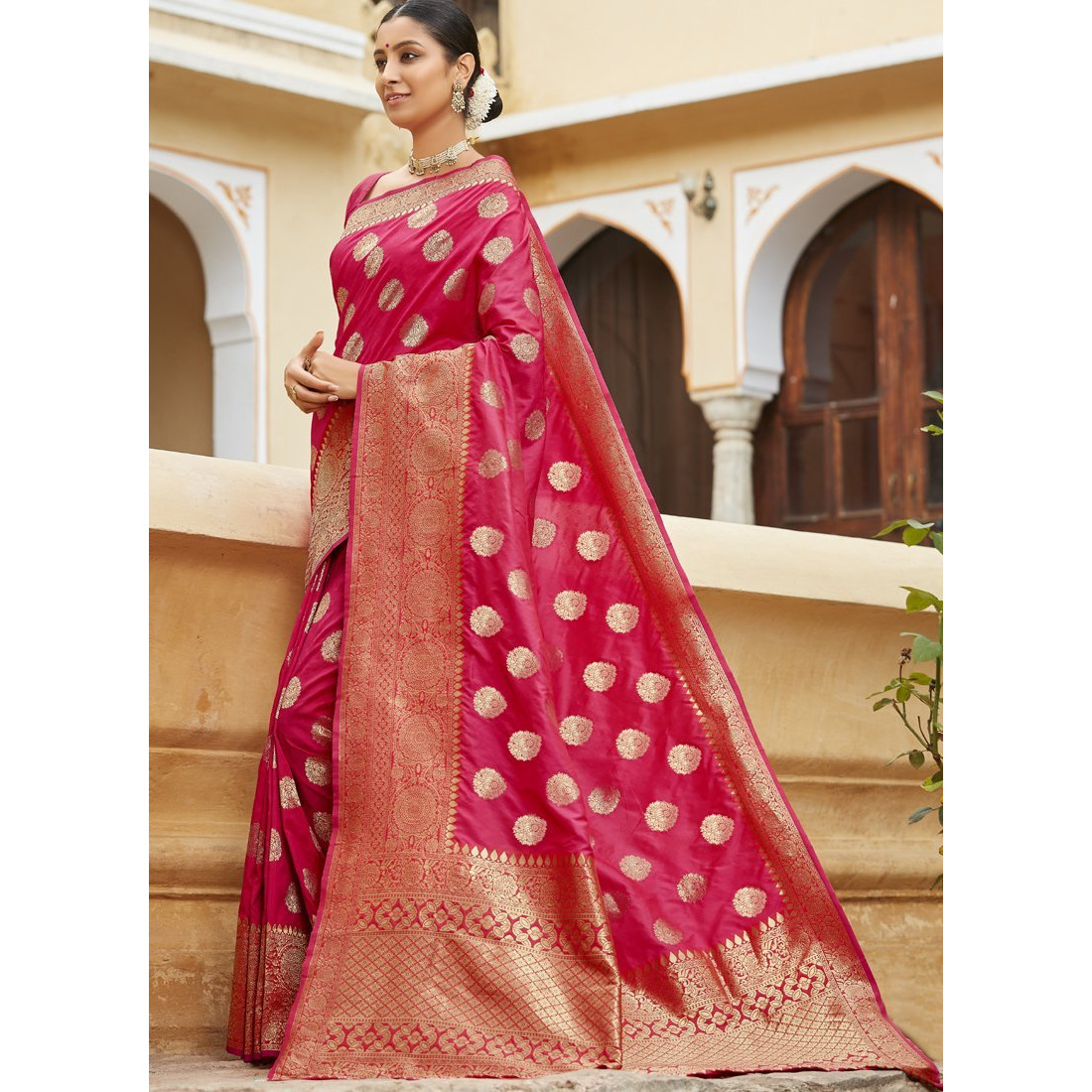 Designer Pink Banarasi Silk Traditional Saree For Women