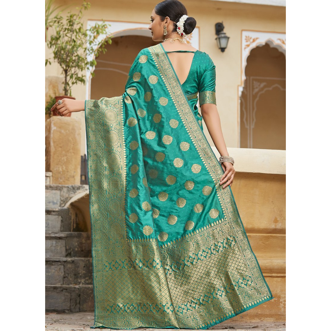 Designer Turquoise Banarasi Silk Traditional Saree For Women