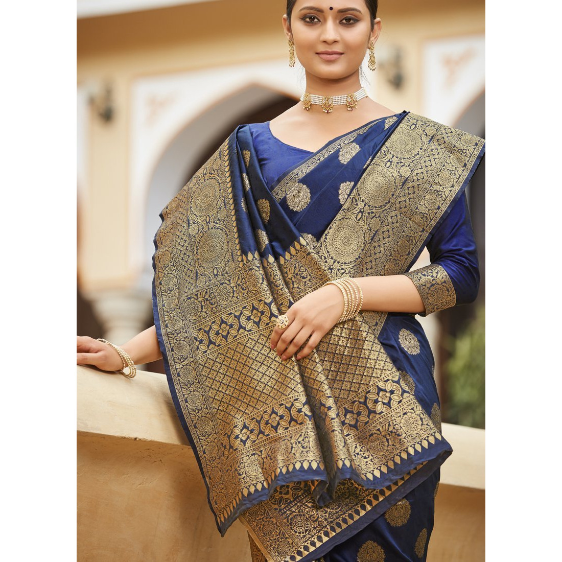 Designer Navy Blue Banarasi Silk Traditional Saree For Women