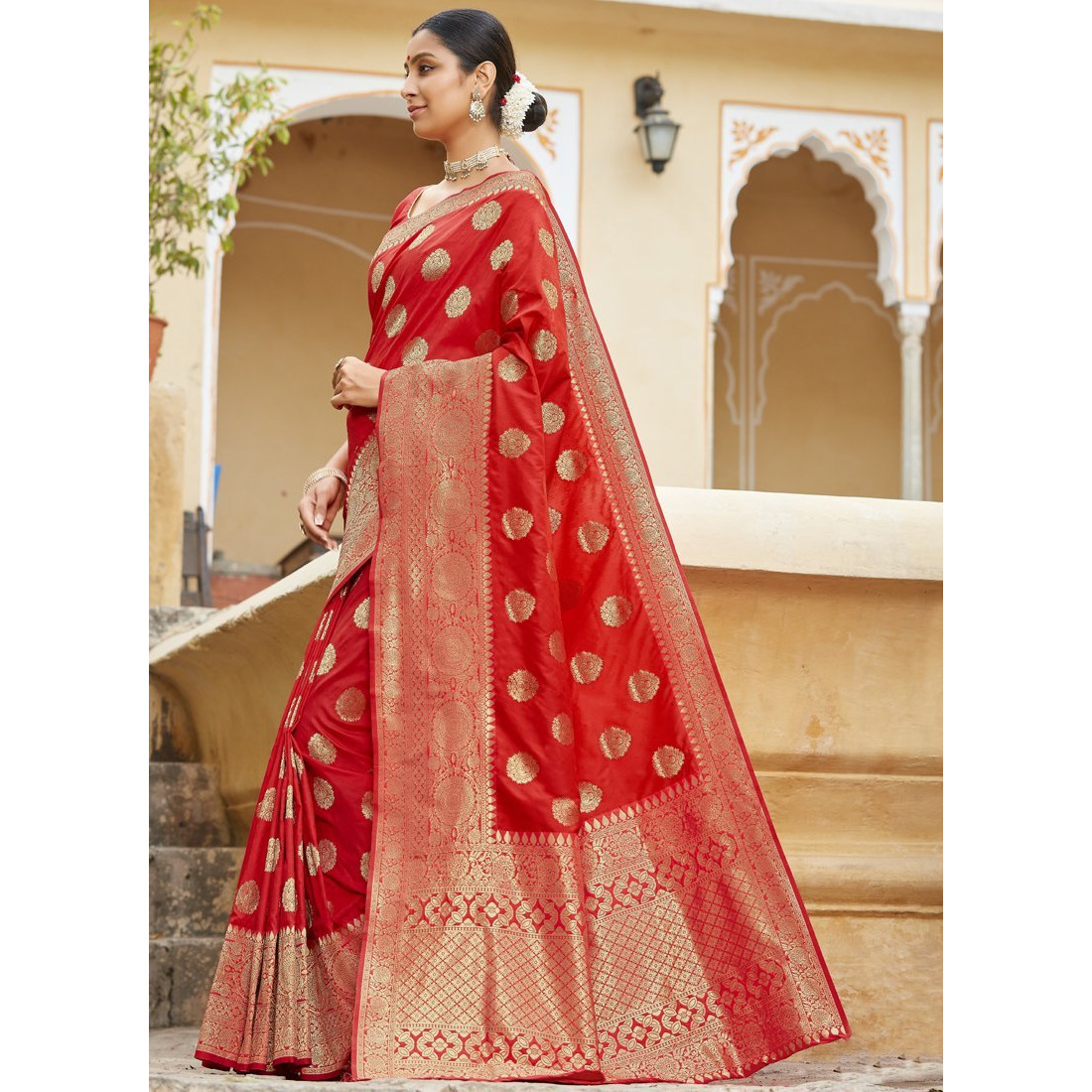 Designer Red Banarasi Silk Traditional Saree For Women