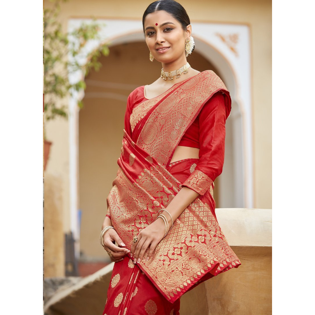 Designer Red Banarasi Silk Traditional Saree For Women