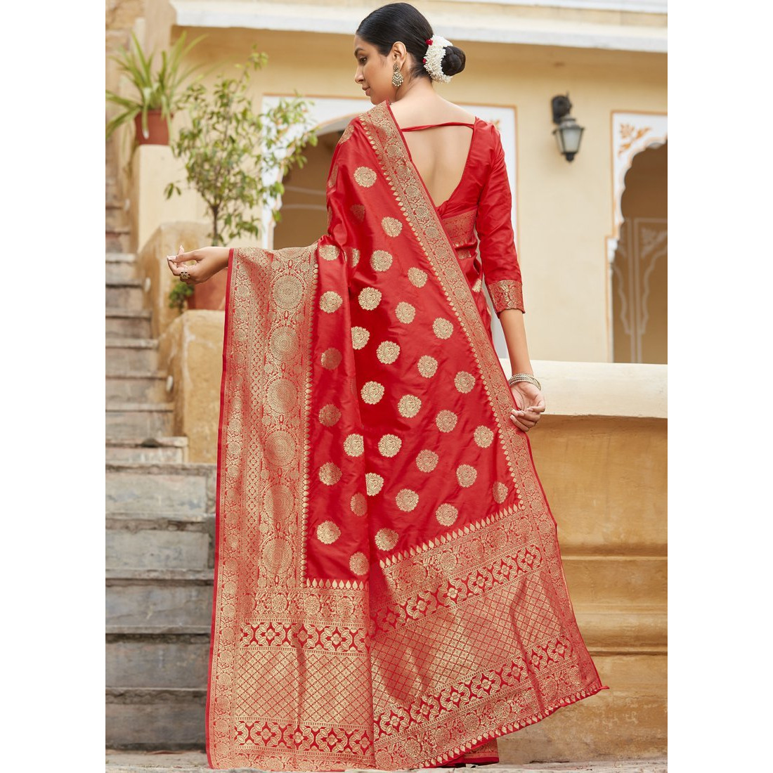 Designer Red Banarasi Silk Traditional Saree For Women