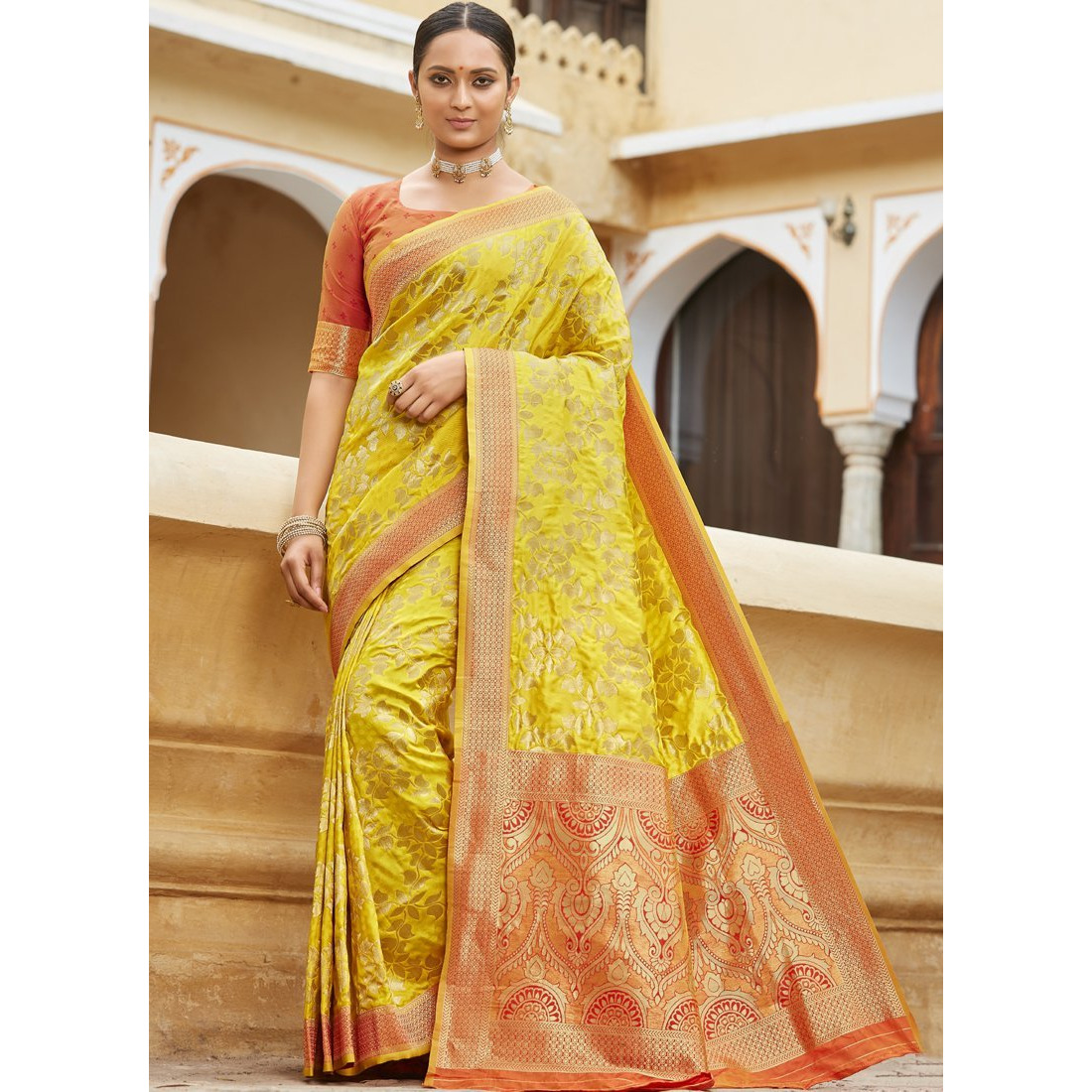 Designer Yellow Banarasi Silk Traditional Saree For Women