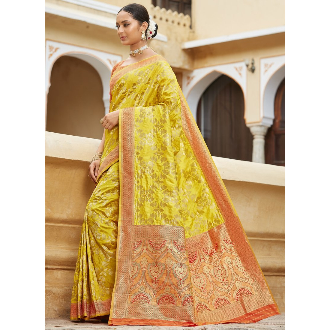 Designer Yellow Banarasi Silk Traditional Saree For Women