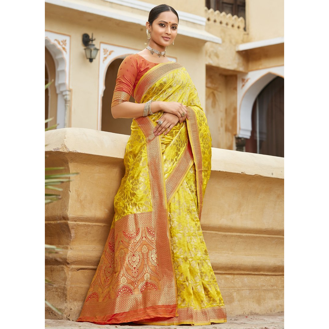 Designer Yellow Banarasi Silk Traditional Saree For Women