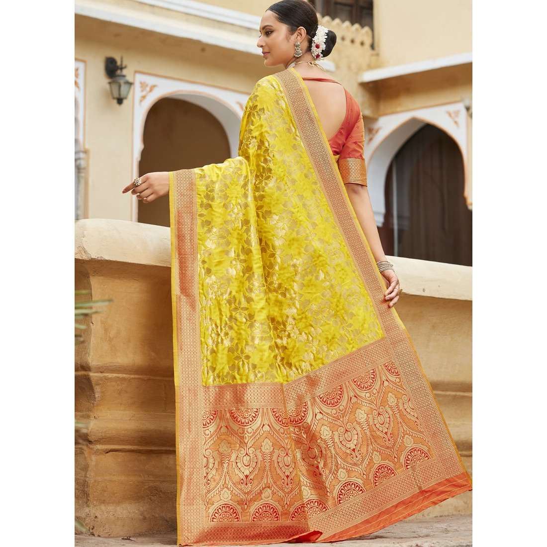 Designer Yellow Banarasi Silk Traditional Saree For Women