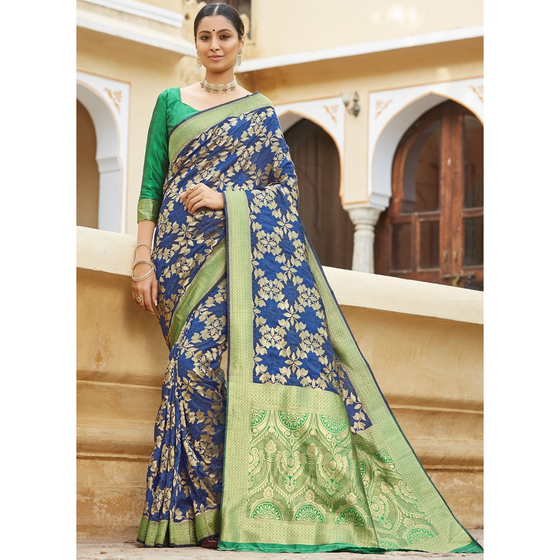 Designer Navy Blue Banarasi Silk Traditional Saree For Women