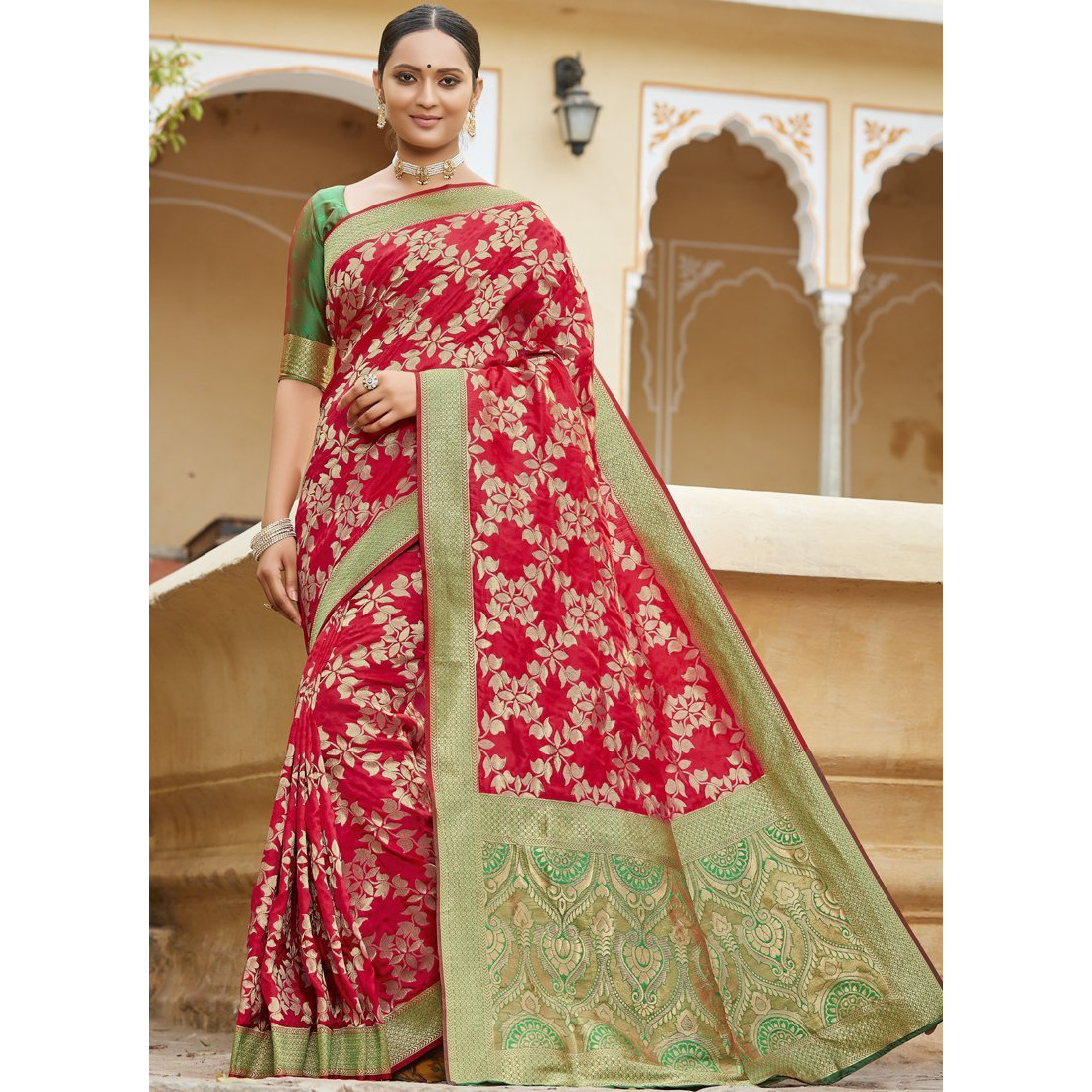 Designer Red Banarasi Silk Traditional Saree For Women