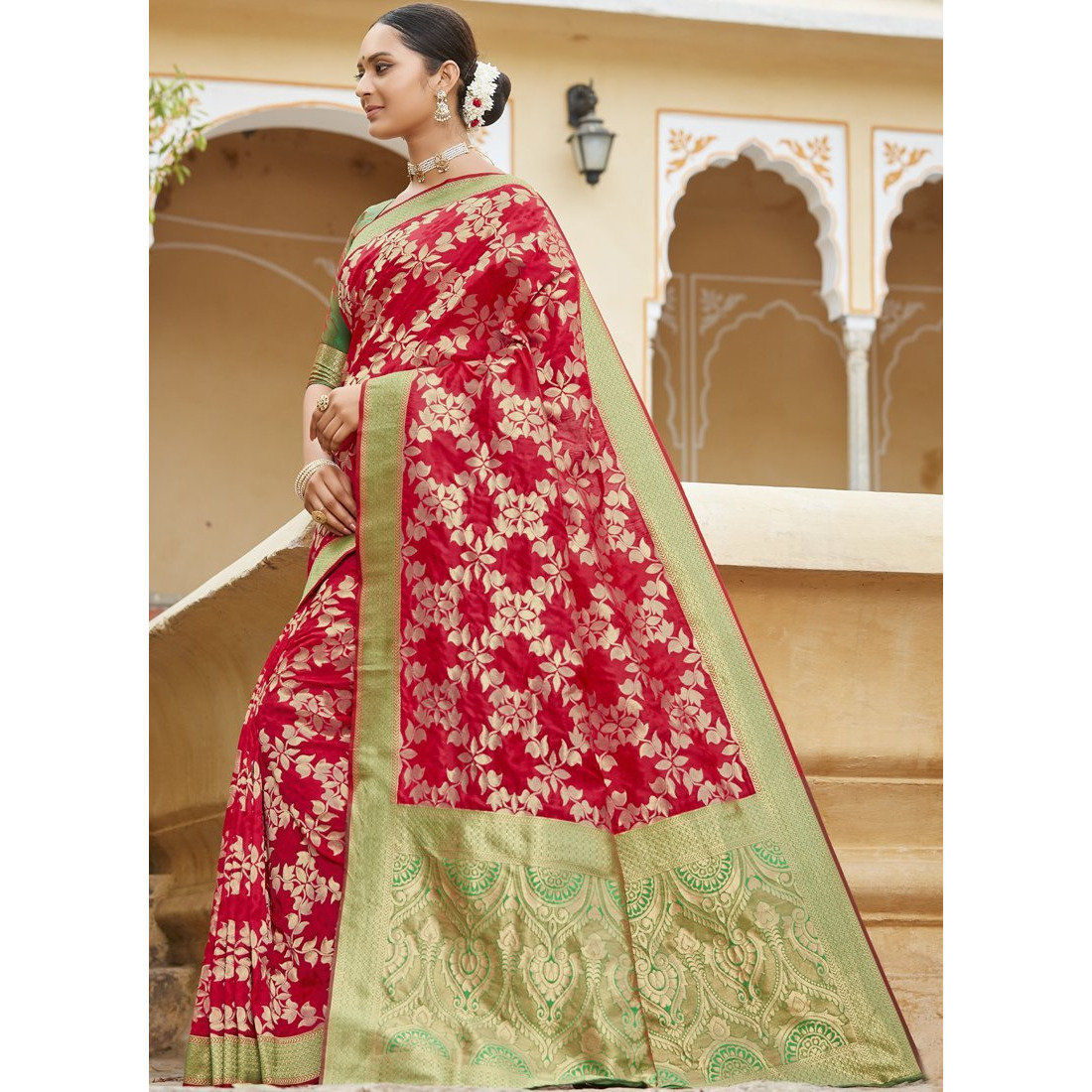 Designer Red Banarasi Silk Traditional Saree For Women