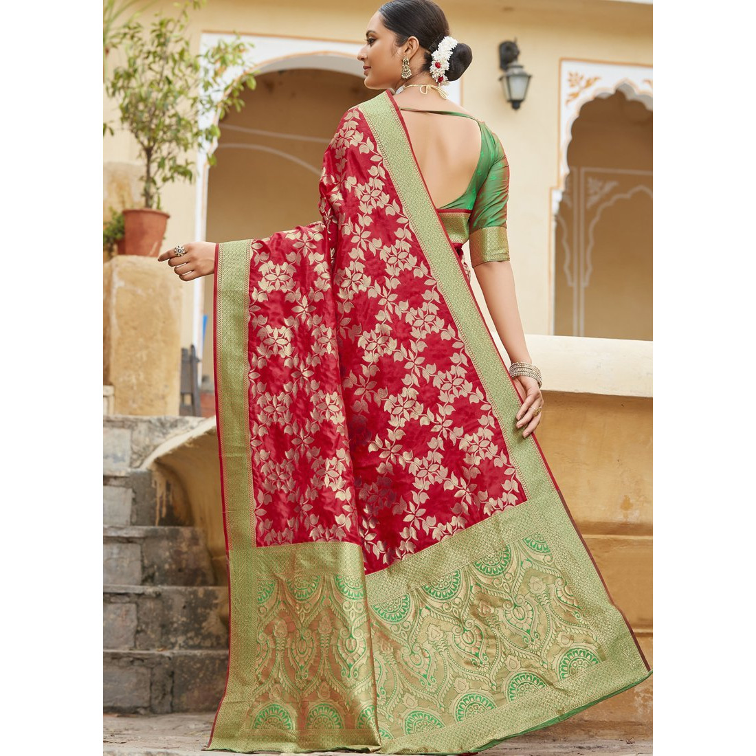 Designer Red Banarasi Silk Traditional Saree For Women