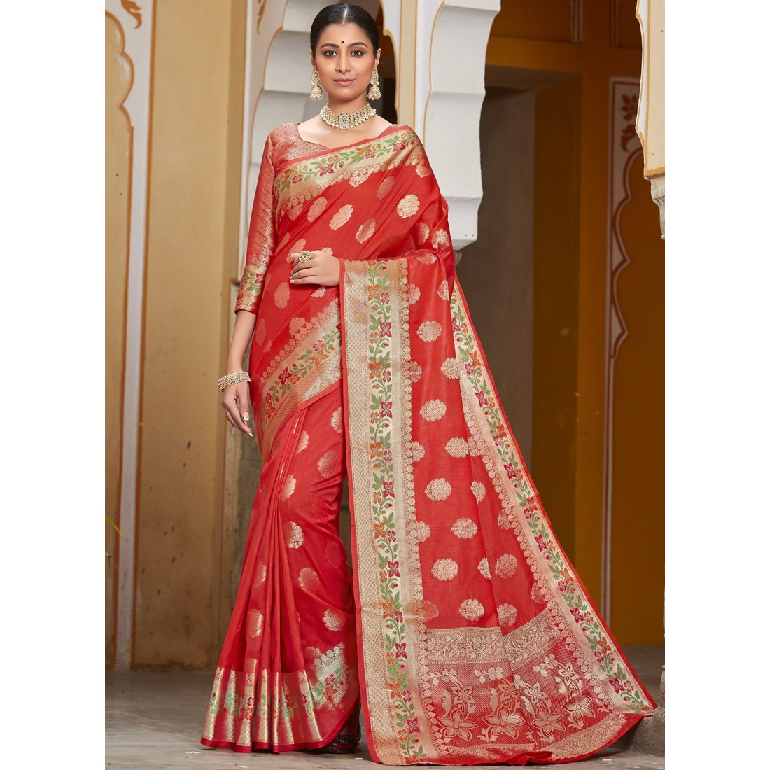 Designer Red Banarasi Silk Traditional Saree For Women