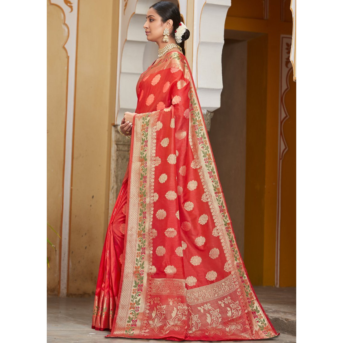 Designer Red Banarasi Silk Traditional Saree For Women