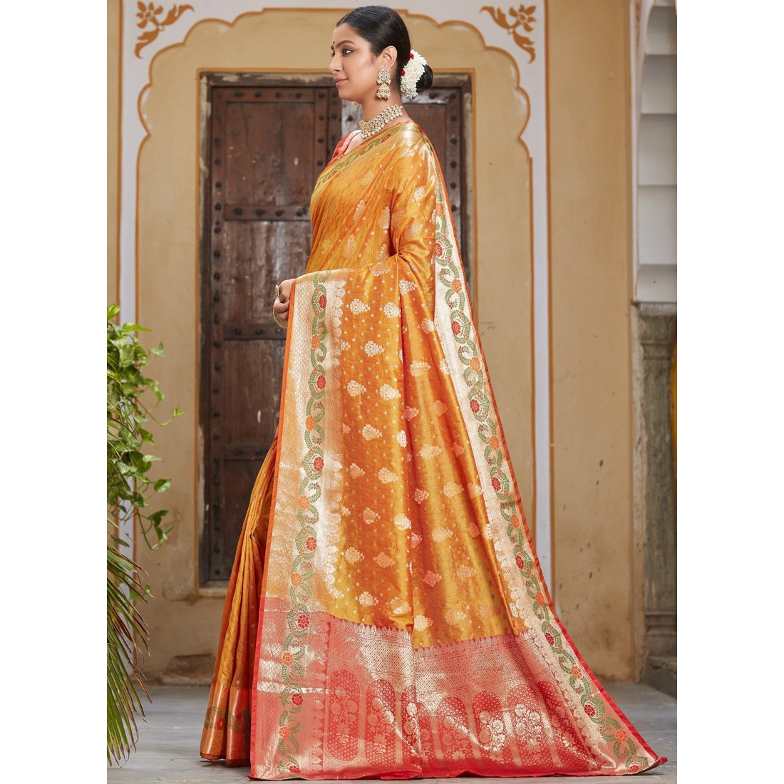 Designer Yellow Banarasi Silk Traditional Saree For Women