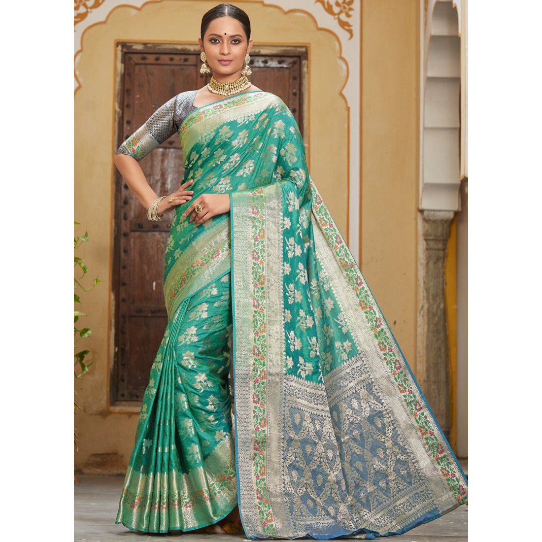 Designer Turquoise Banarasi Silk Traditional Saree For Women's
