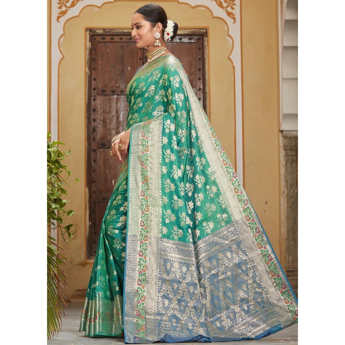 Designer Turquoise Banarasi Silk Traditional Saree For Women's