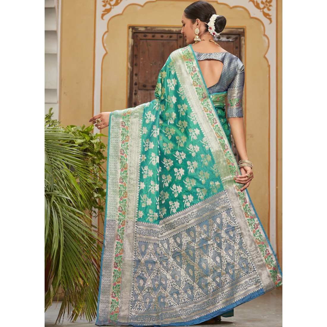 Designer Turquoise Banarasi Silk Traditional Saree For Women's