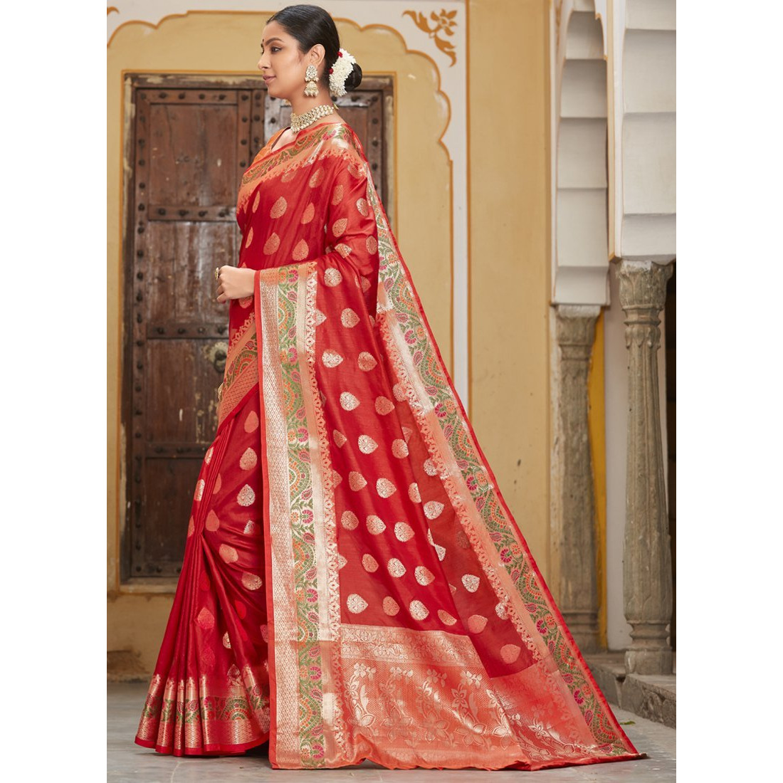 Designer Red Banarasi Silk Traditional Saree For Women