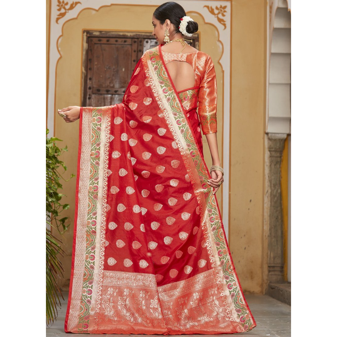 Designer Red Banarasi Silk Traditional Saree For Women