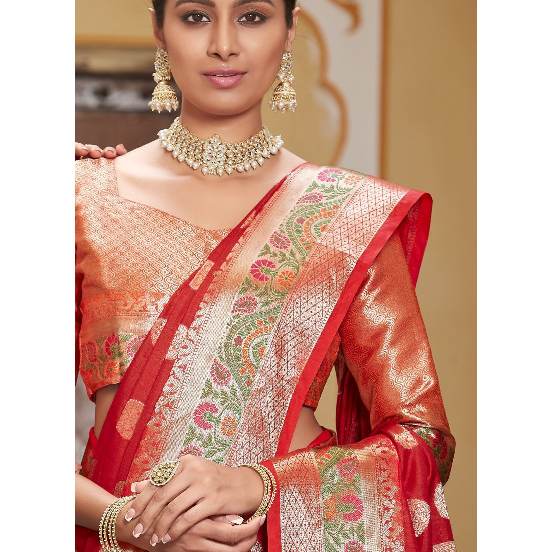 Designer Red Banarasi Silk Traditional Saree For Women