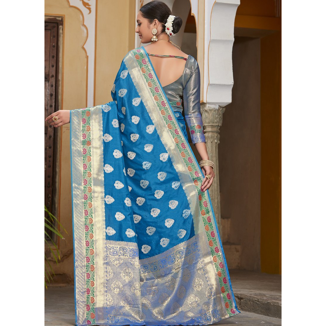 Designer Blue Banarasi Silk Traditional Saree For Women