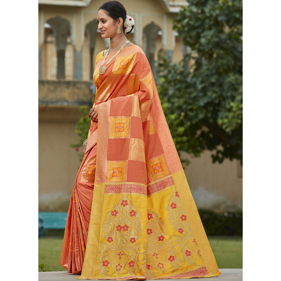Designer Peach Banarasi Silk Indian Saree Collection For Women