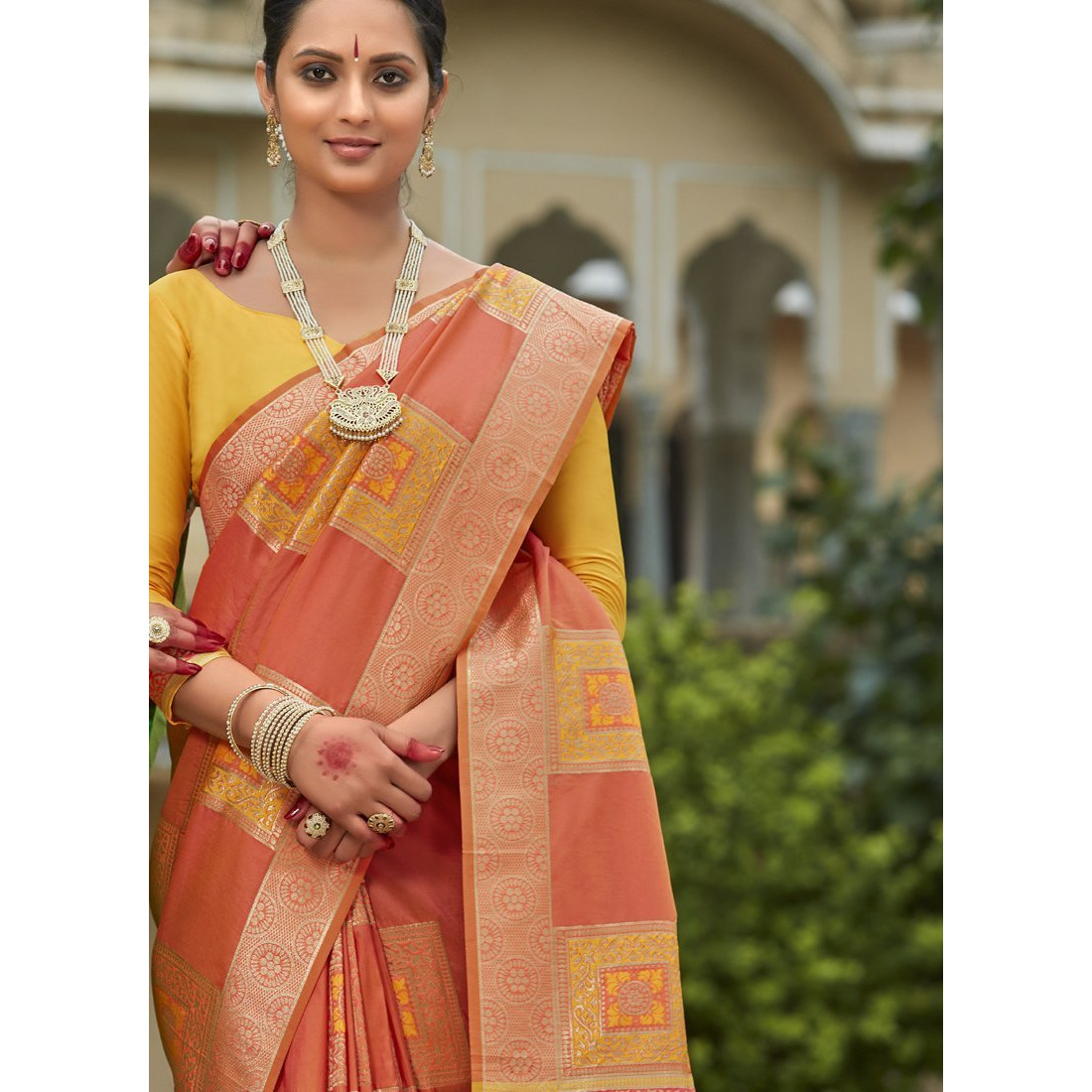 Designer Peach Banarasi Silk Indian Saree Collection For Women