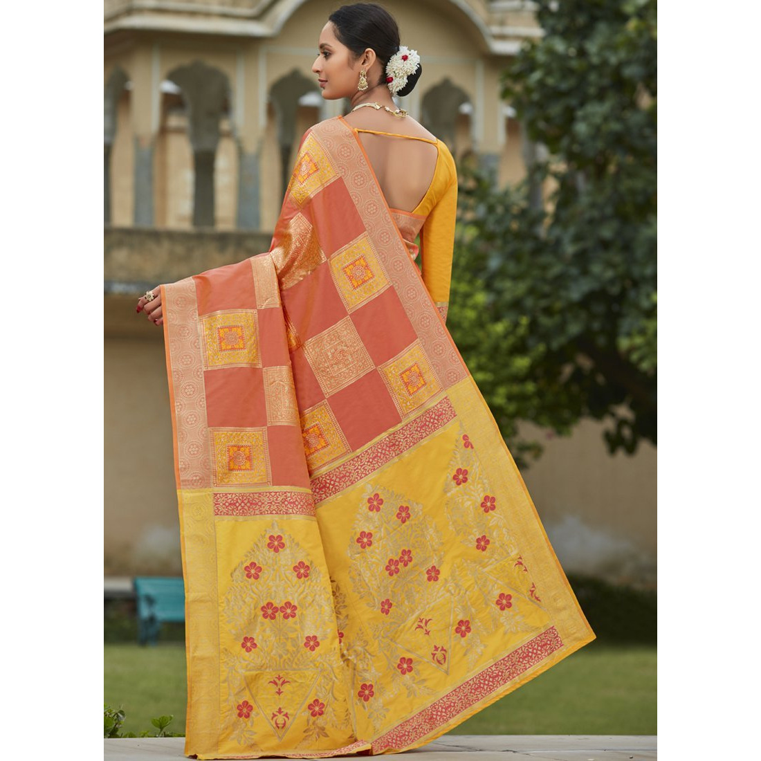Designer Peach Banarasi Silk Indian Saree Collection For Women