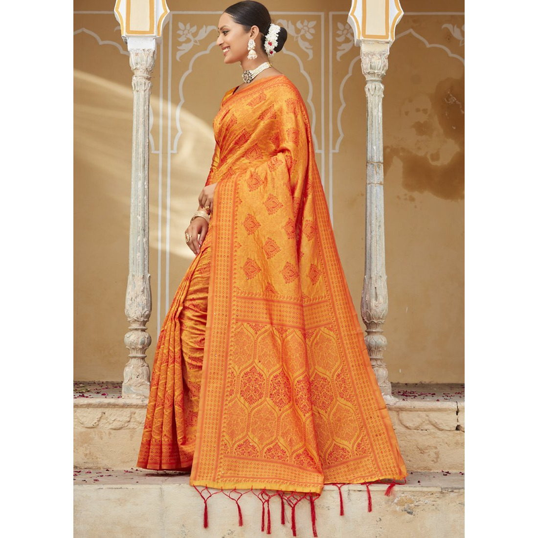 Designer Yellow Art Silk Stone Work Wedding Wear Saree