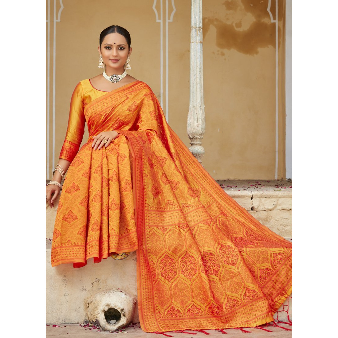 Designer Yellow Art Silk Stone Work Wedding Wear Saree