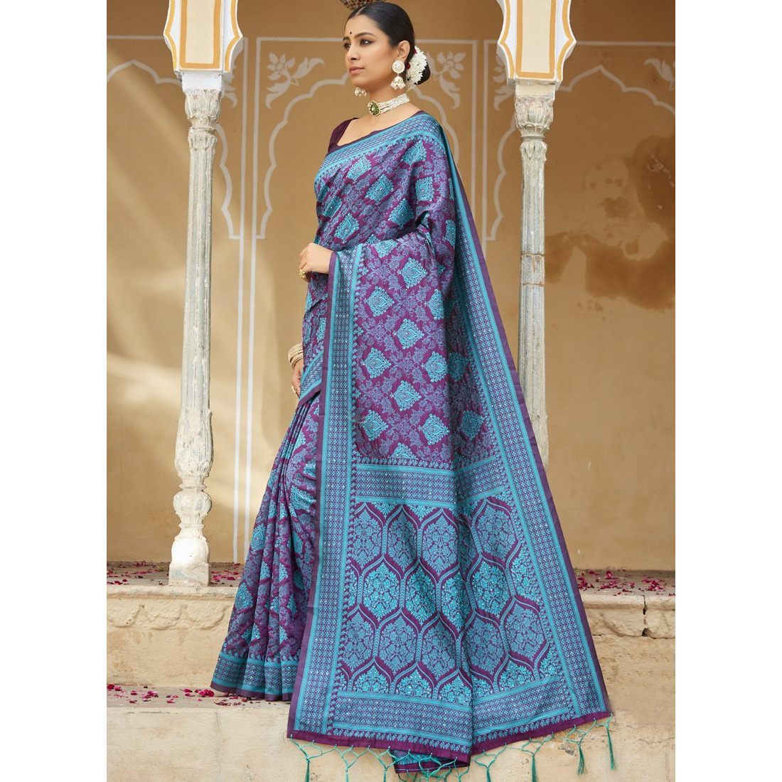 Designer Violet And Aqua Blue Art Silk Stone Work Wedding Wear Saree