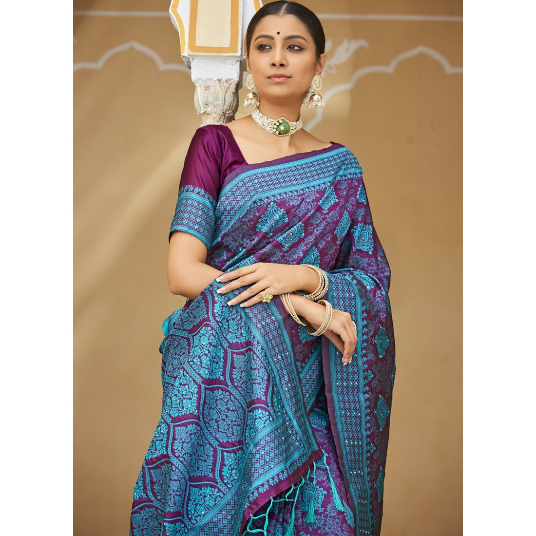 Designer Violet And Aqua Blue Art Silk Stone Work Wedding Wear Saree