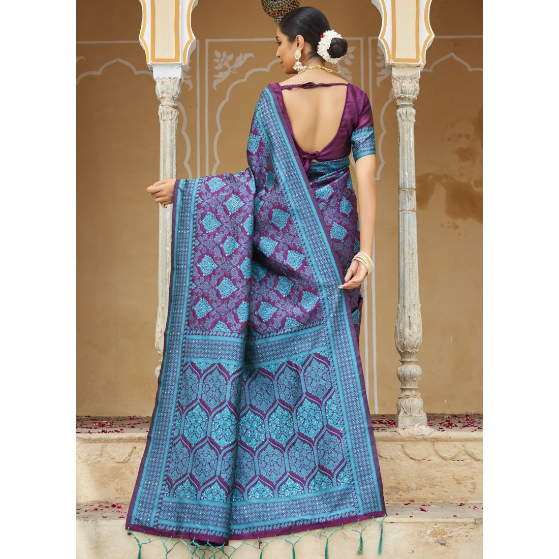 Designer Violet And Aqua Blue Art Silk Stone Work Wedding Wear Saree