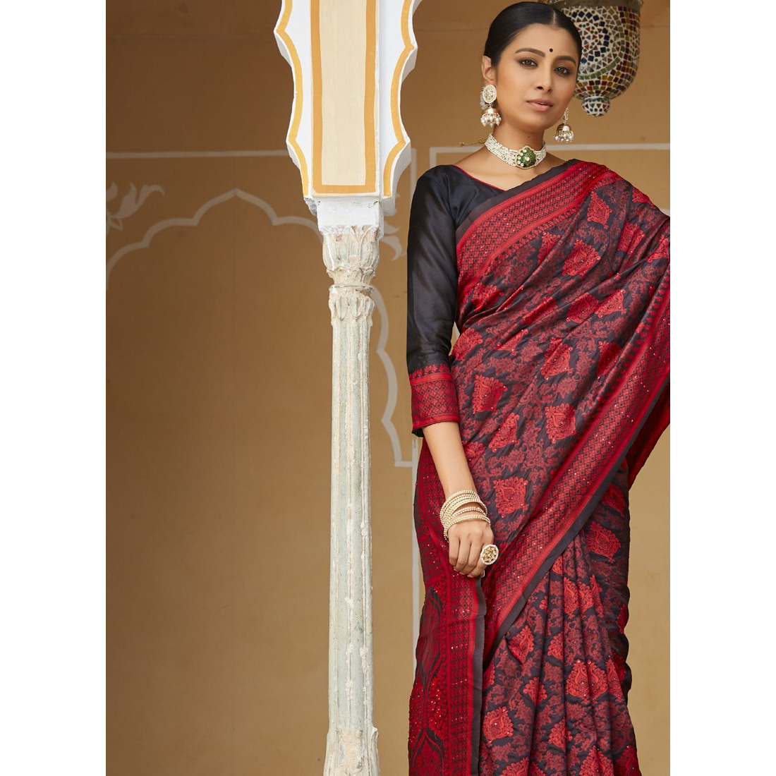 Designer red And Black Art Silk Stone Work Wedding Wear Saree
