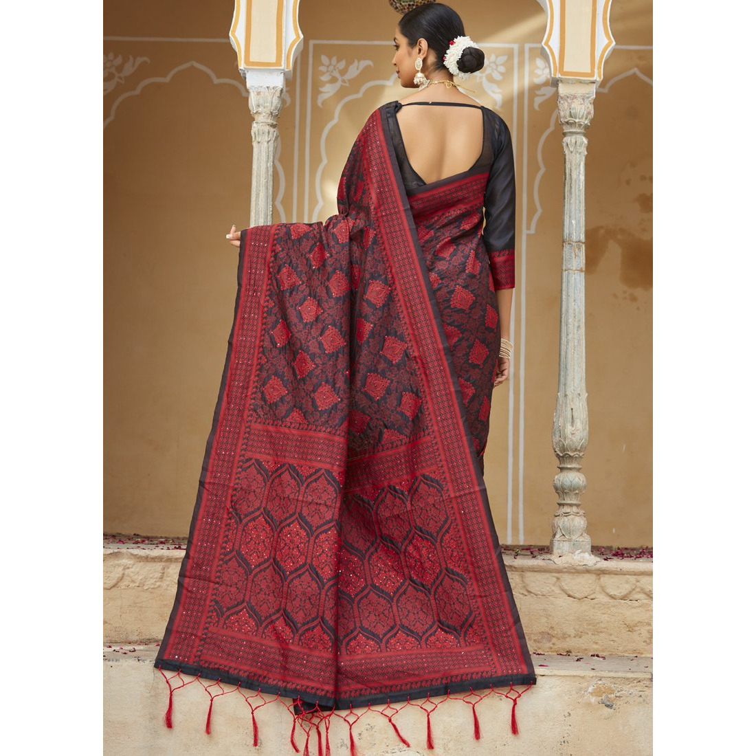 Designer red And Black Art Silk Stone Work Wedding Wear Saree