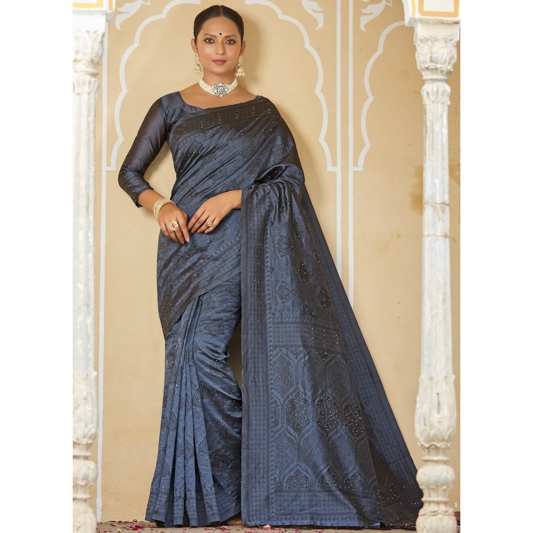 Designer Grey Art Silk Stone Work Wedding Wear Saree