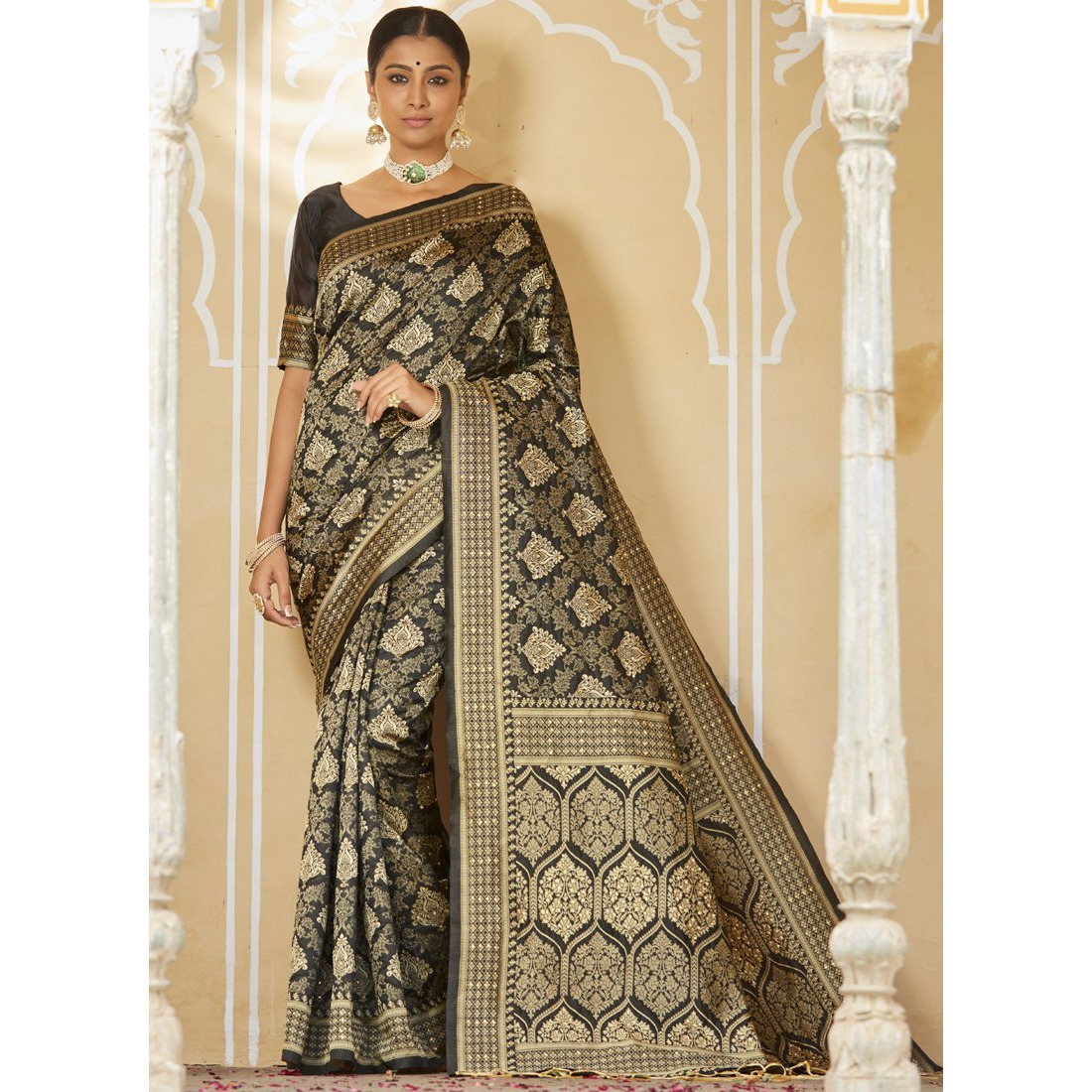 Designer Black And Cream Art Silk Stone Work Wedding Wear Saree