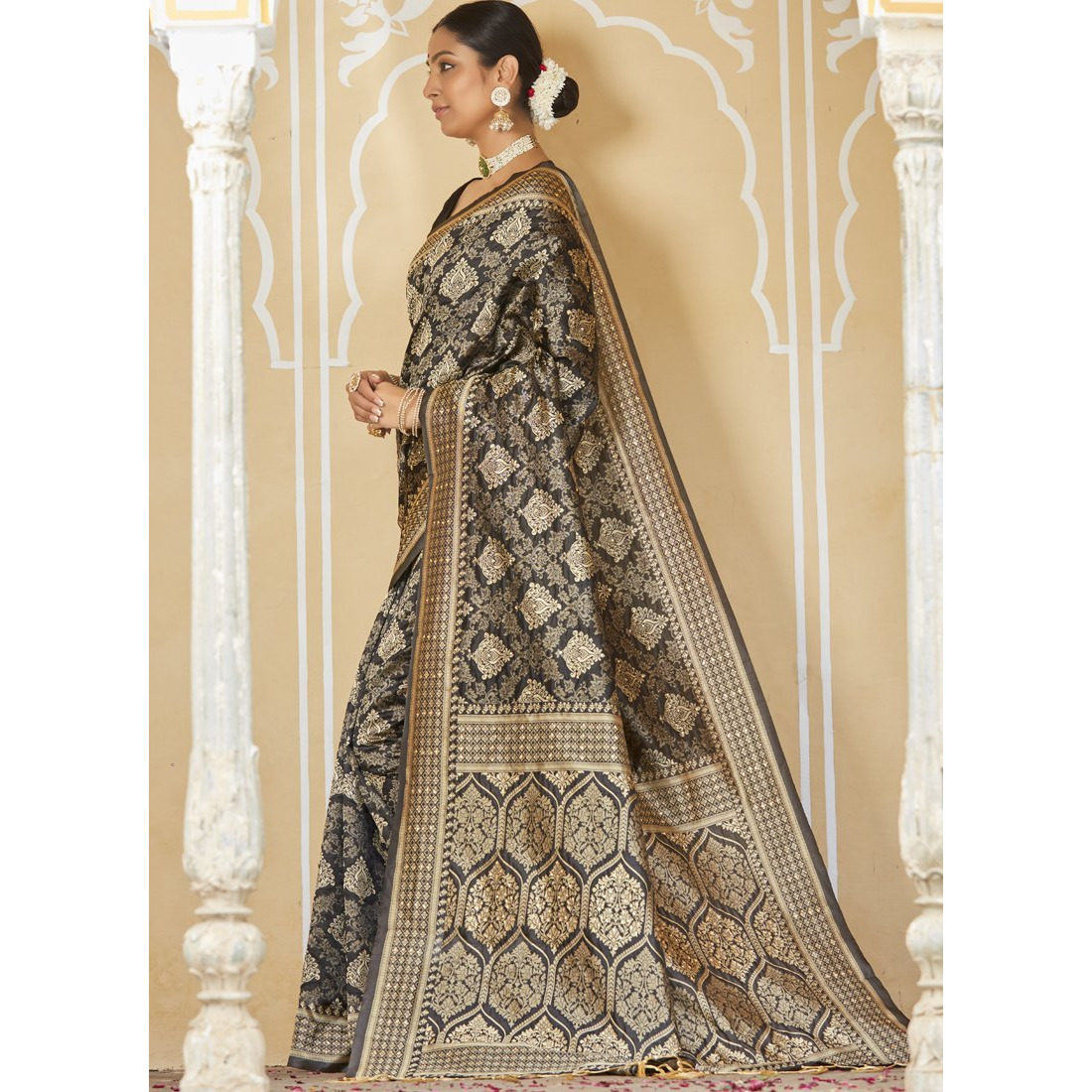 Designer Black And Cream Art Silk Stone Work Wedding Wear Saree