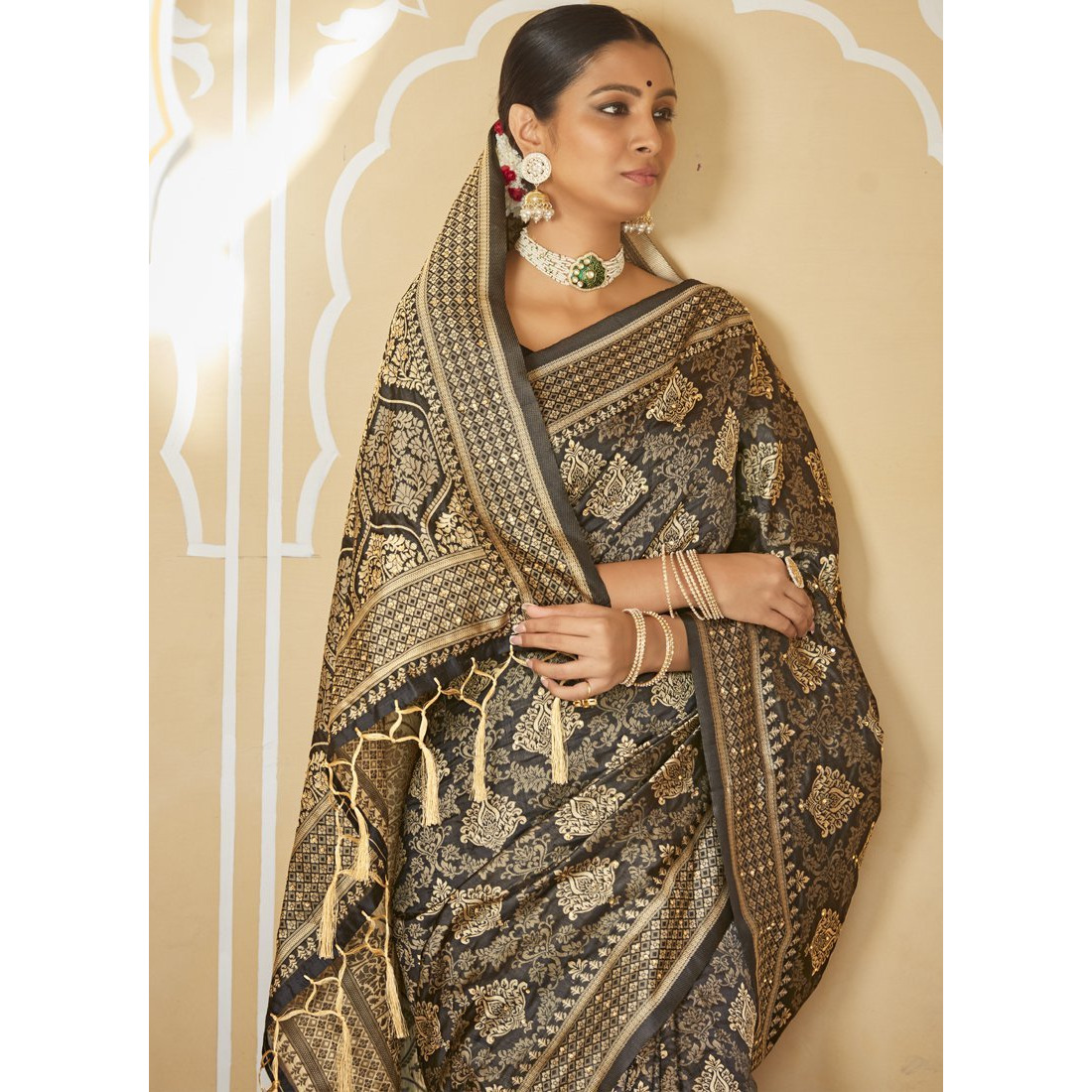 Designer Black And Cream Art Silk Stone Work Wedding Wear Saree