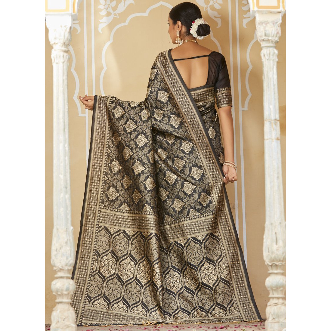 Designer Black And Cream Art Silk Stone Work Wedding Wear Saree