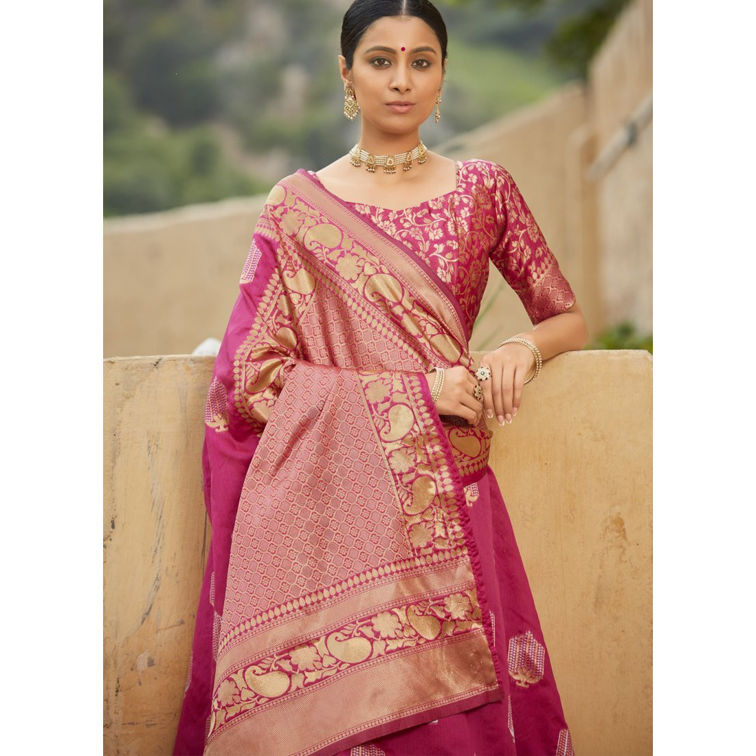 Pink Banarasi Silk Wedding Wear Designer Saree