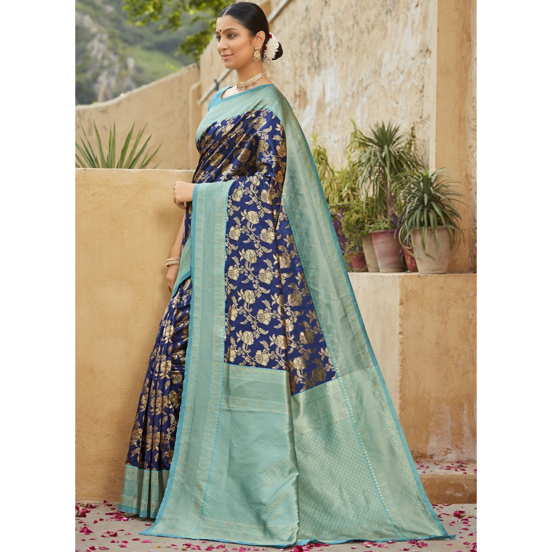 Blue Banarasi Silk Wedding Wear Designer Saree