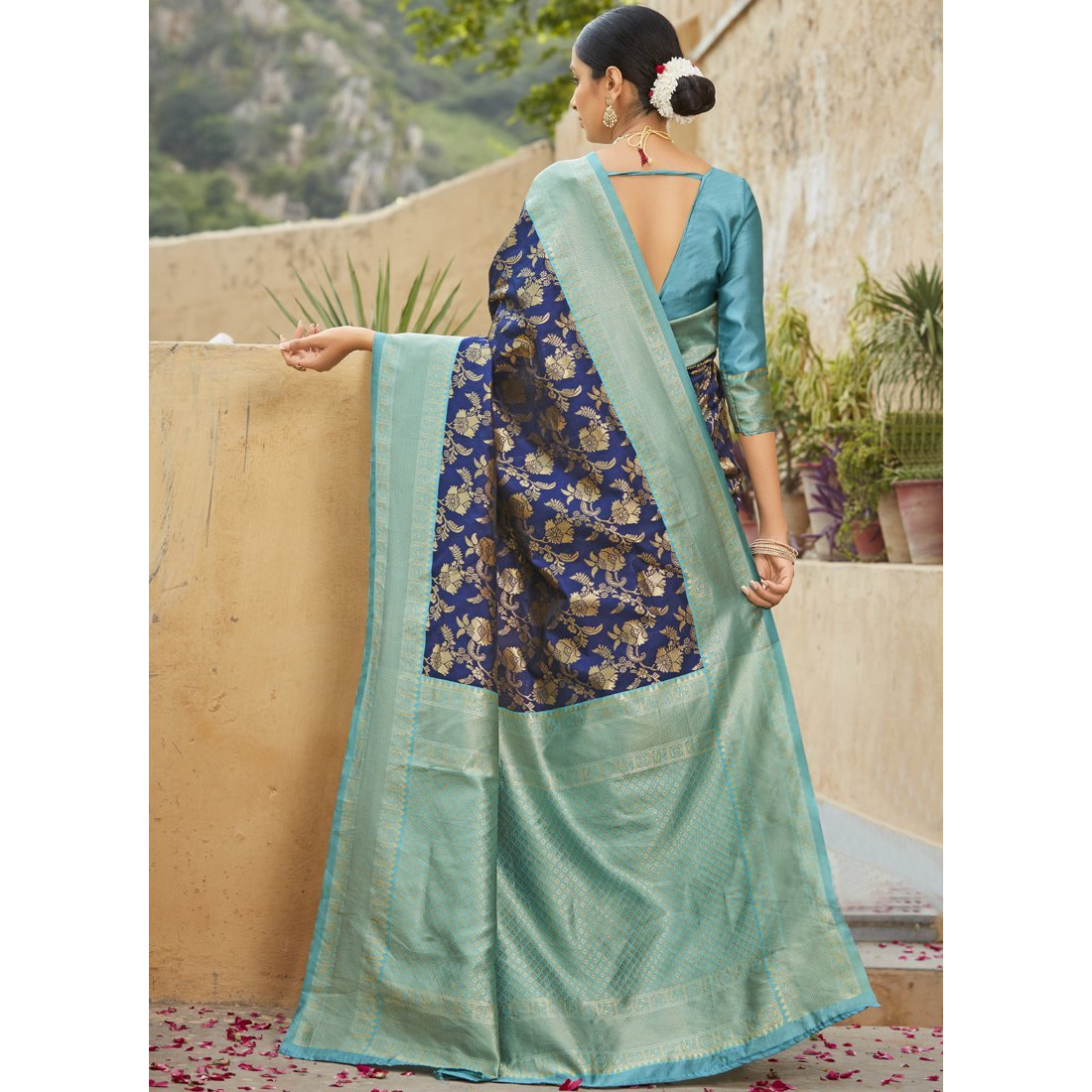 Blue Banarasi Silk Wedding Wear Designer Saree