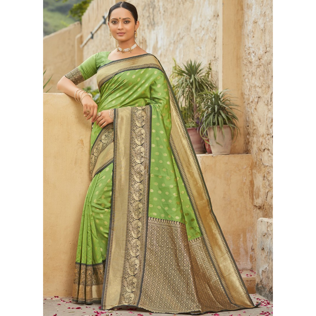 Light Green Banarasi Silk Wedding Wear Designer Saree