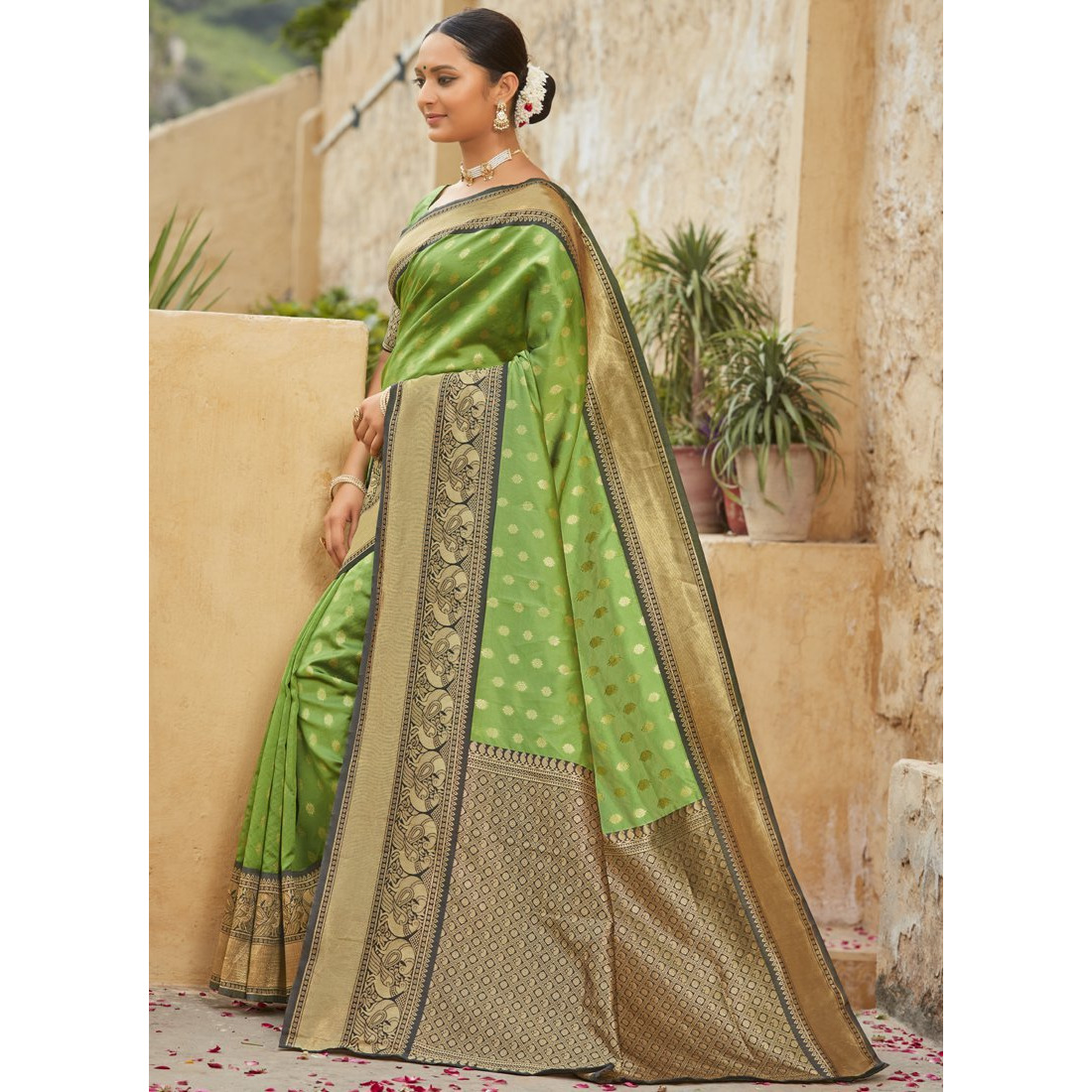 Light Green Banarasi Silk Wedding Wear Designer Saree