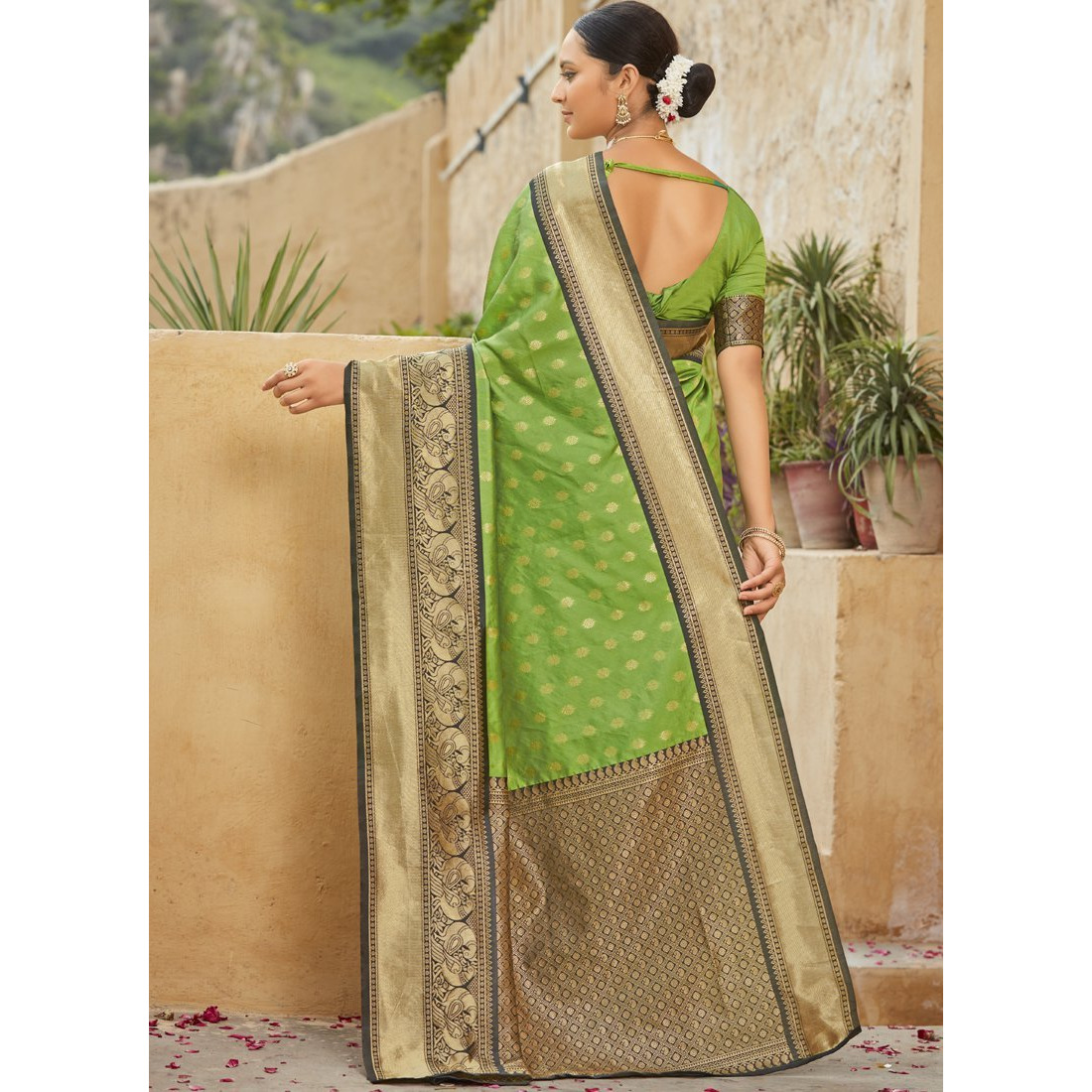 Light Green Banarasi Silk Wedding Wear Designer Saree